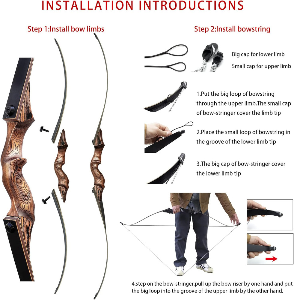 60 Inch Black Hunter Longbow 20-60 Lbs Archery Bow with Stringer Tool Right Hand