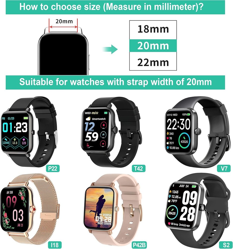 KALINCO 2-Pack Smart Watch Bands 20mm Adjustable Black+Leather Black