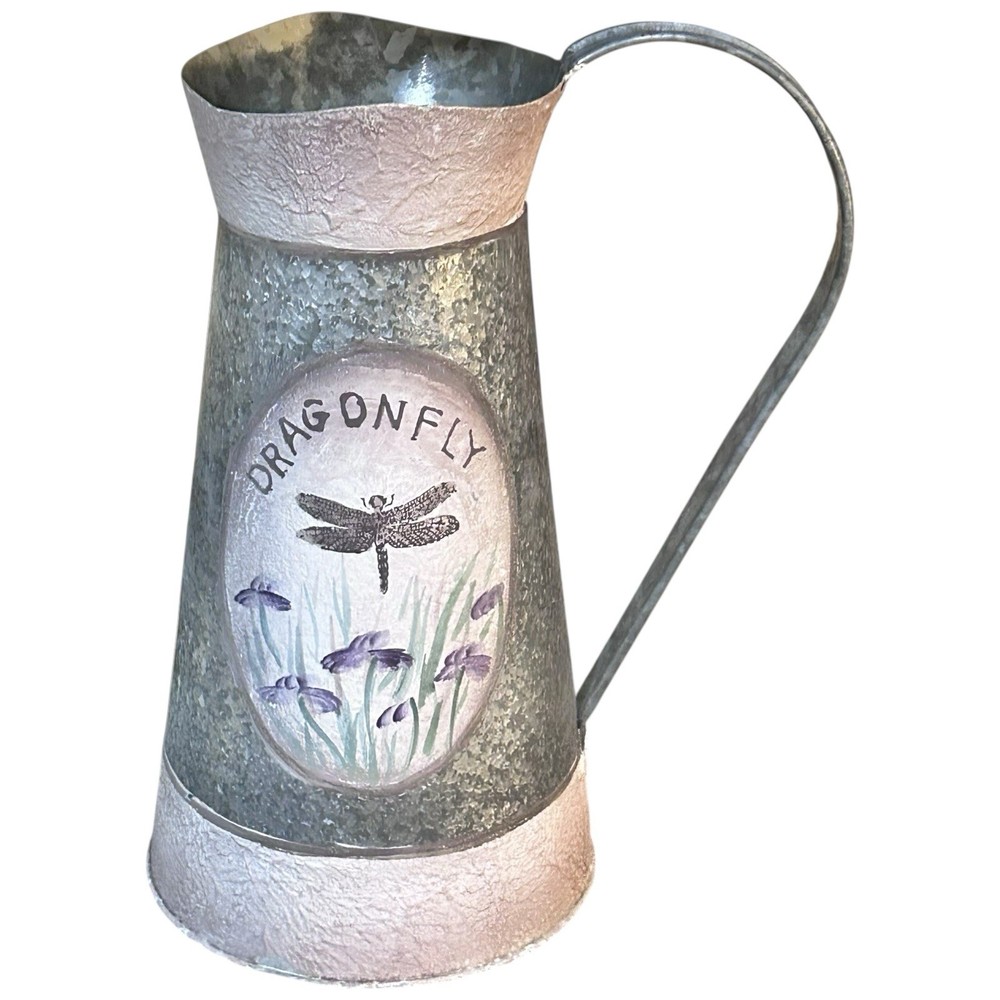 DRAGONFLY PITCHER Galvanized Metal Textured Decorative Vase Rustic Home Decor