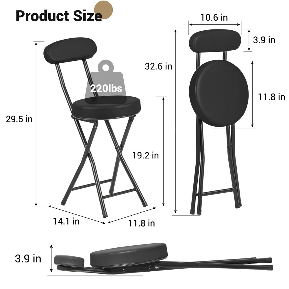Cushioned Padded Folding Stools, Folding Bar Stool with Backrest, 220lb Capac...