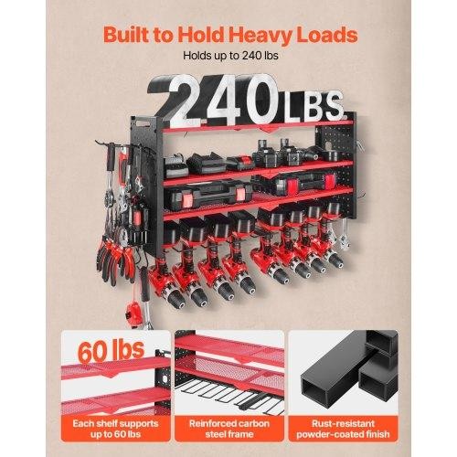 Power Tool Organizer Wall Mount 4Layer Storage Rack with 8 Drill Holders