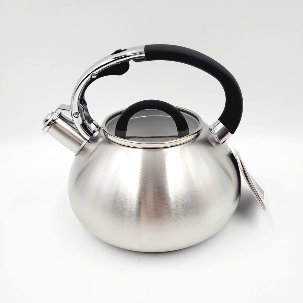 Brandani Stainless Steel Tea Kettle Brushed Silver Black Faux Soft Touch Handle