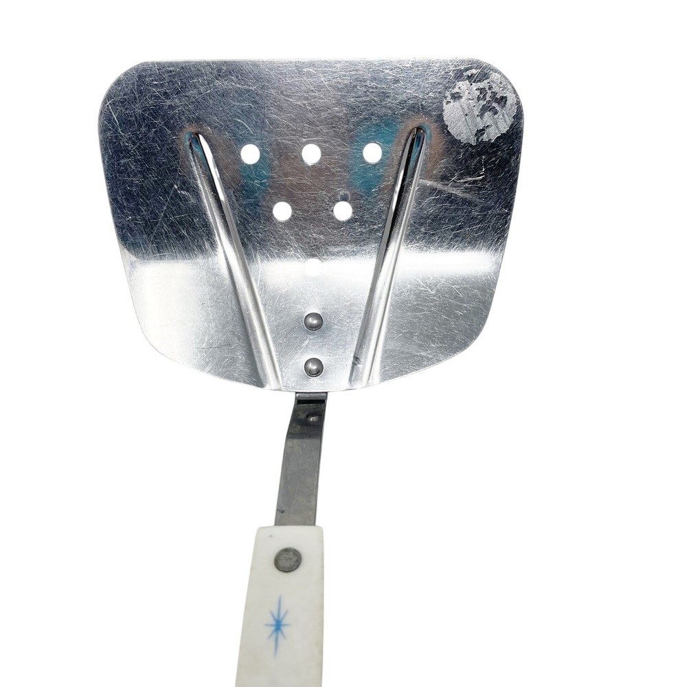 Vintage Atomic Starburst Kitchen Spatula Serving Ladle White Handle Blue MCM
