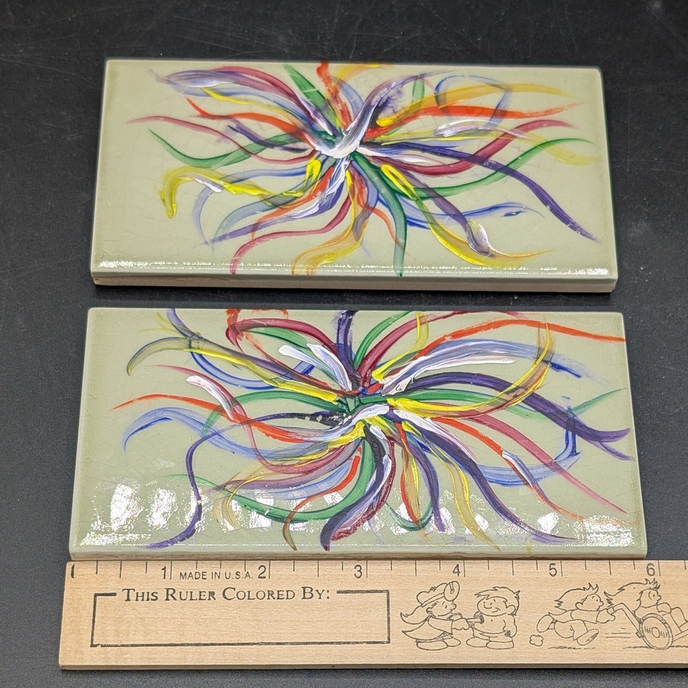 Art Tiles Abstract Pair 3"x6” Ceramic Decorative Colorful Unsigned