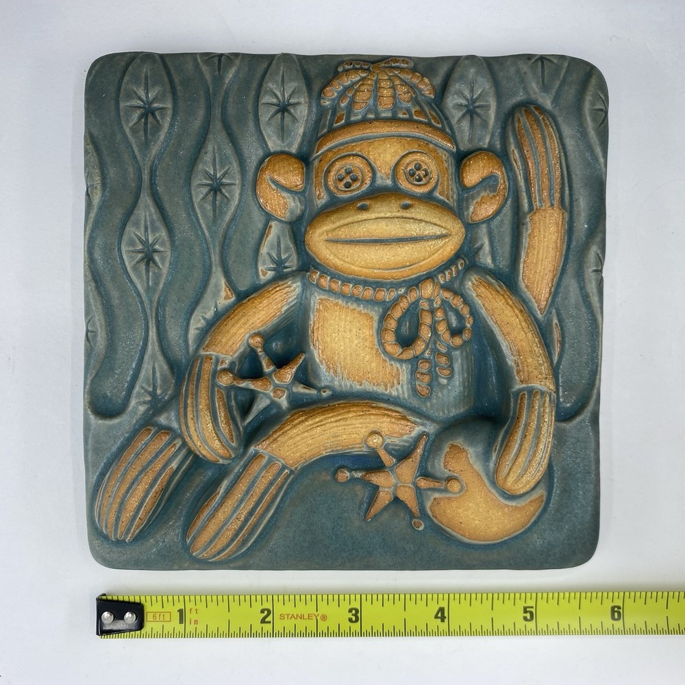 Sock Monkey 6x6" Ceramic Art Tile By Gretchen Kramp