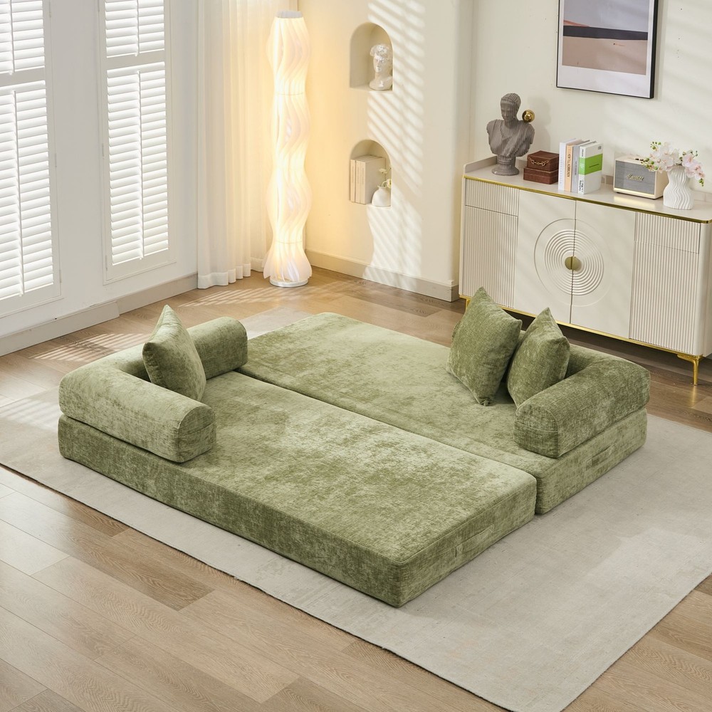 Multi-Functional Floor Sofa Convertible Folding Chenille Bed Sofa Couch Green