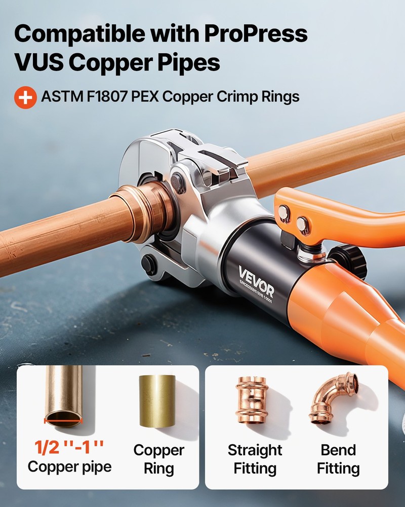 VEVOR Copper Pipe Crimping Tool Hydraulic Driven Pro Press Tool with 8 Jaws