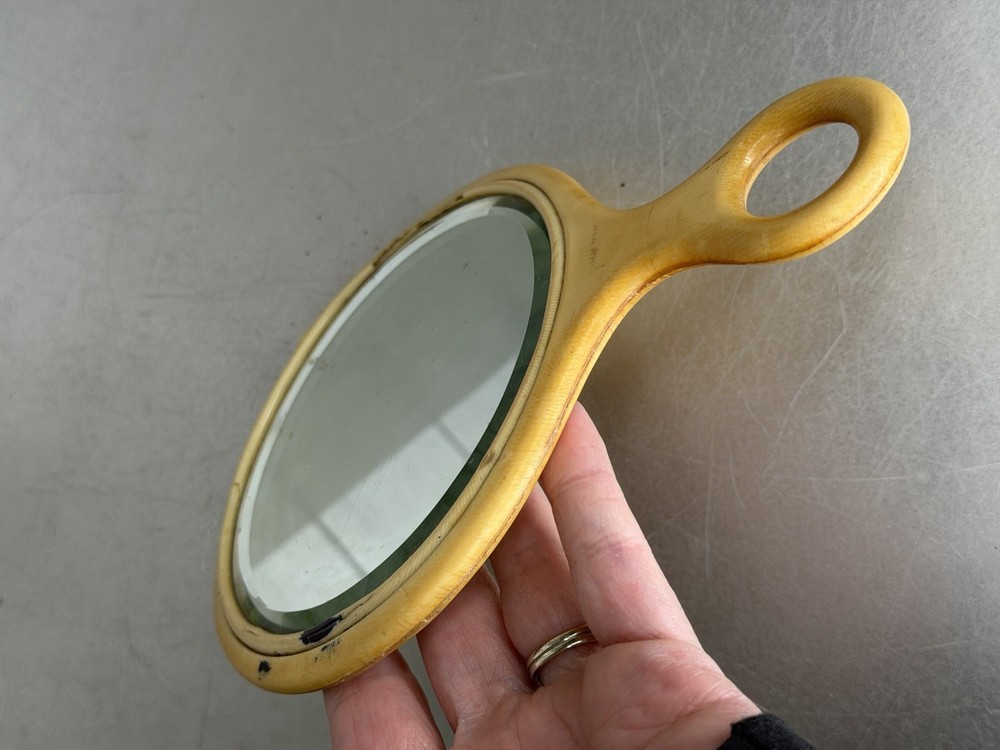 Vintage Small Round Celluloid Hand Mirror Compact Vanity Marked ‘K’