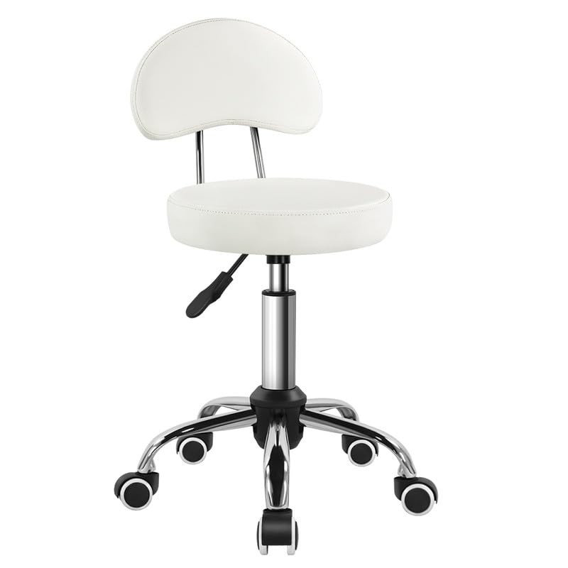 Rolling Stool with Mid Back Height Adjustable Chair PU Leather Swivel White