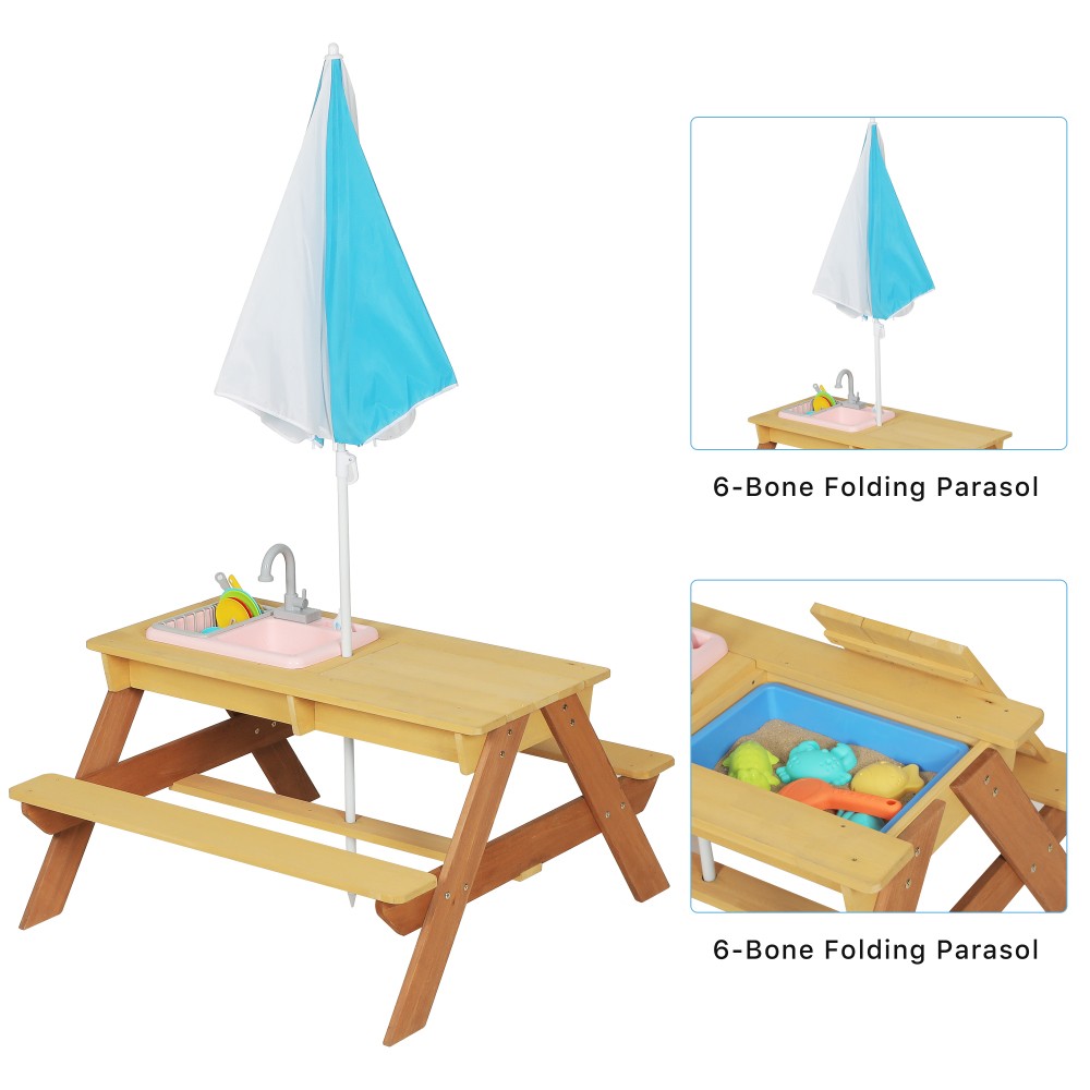 Kids Sand & Water Activity Table with Umbrella, Convertible Picnic Table