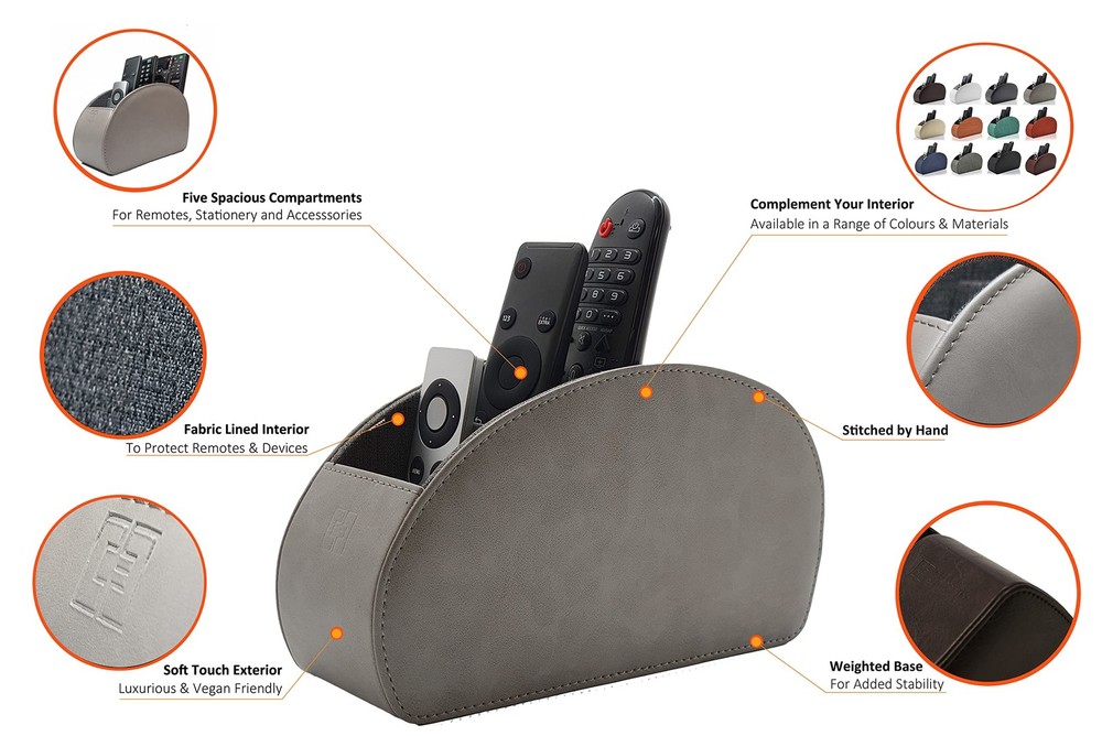 Remote Control Holder with 5 Compartments Grey PU Leather Office Organization