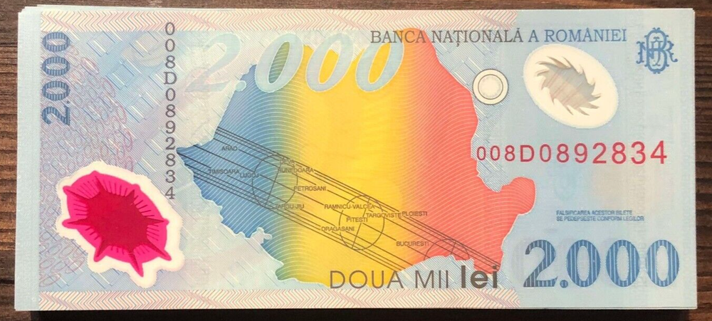 Romania 2000 Lei, 1999, UNC, Polymer X 5 PCS