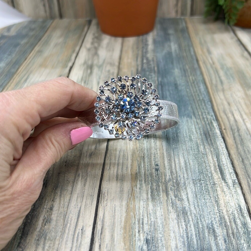 Adorned Crown Jewelry assemblage blue rhinestone silver sparkle bangle bracelet