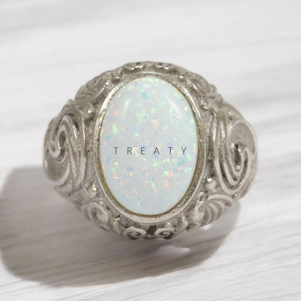Opal Oval Cut Gemstone With 14K Solid White Gold Ring For Men's #173