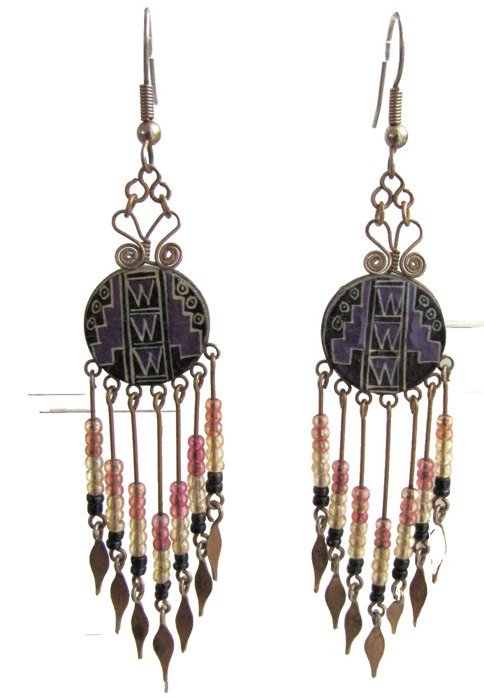 Handmade Hand Painted Boho Beaded Drop Dangle 3.5" Hook Earrings