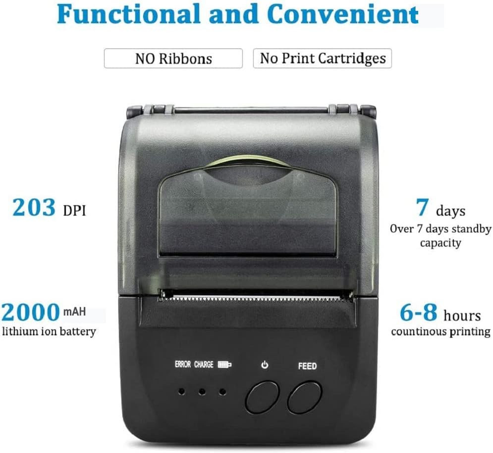 Bluetooth Receipt Printer, 58Mm Mini Thermal POS Printer Portable Personal Bill