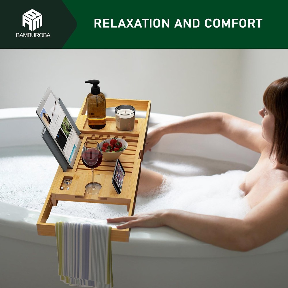 Foldable Bamboo Bathtub Caddy Tray Expandable for Luxury Bath, Bath Natural