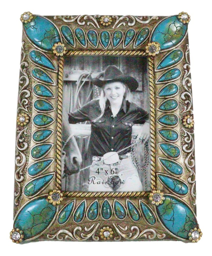 Rustic Western Turquoise Teardrop Gems Scrollwork Patterns 6X4 Picture Frame