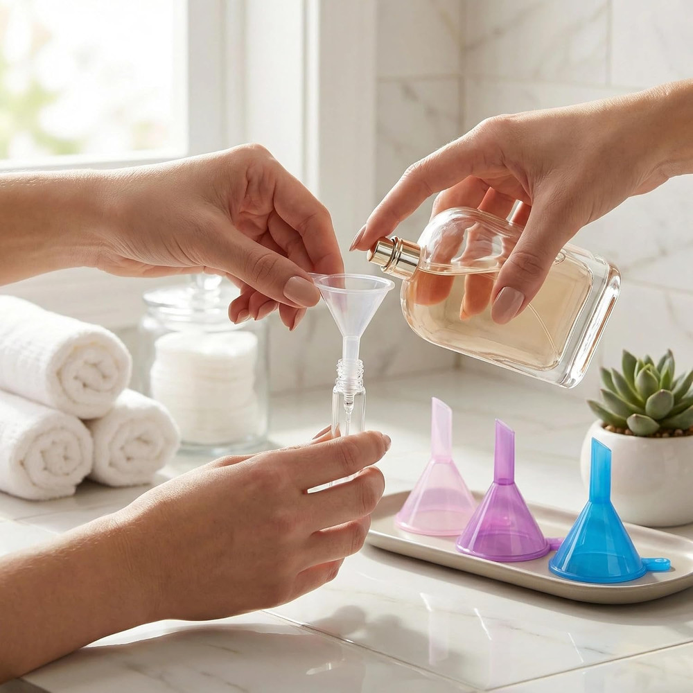 Mini Funnels 8-Pack with Spoon | Small Funnel Set for Filling Tiny Bottles, Esse