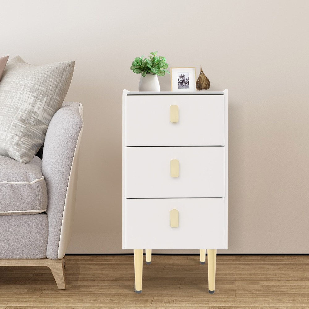 3 Drawer Narrow Side Table - Leather & Wood, Titanium-plated, Rectangular Modern