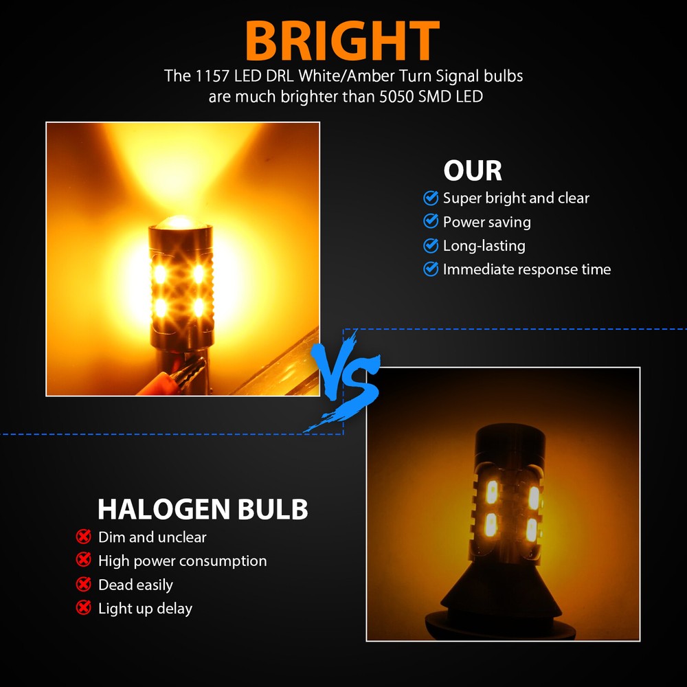 2X 1157 LED White/Amber DRL Switchback Turn Signal Indicator Parking Light Bulbs