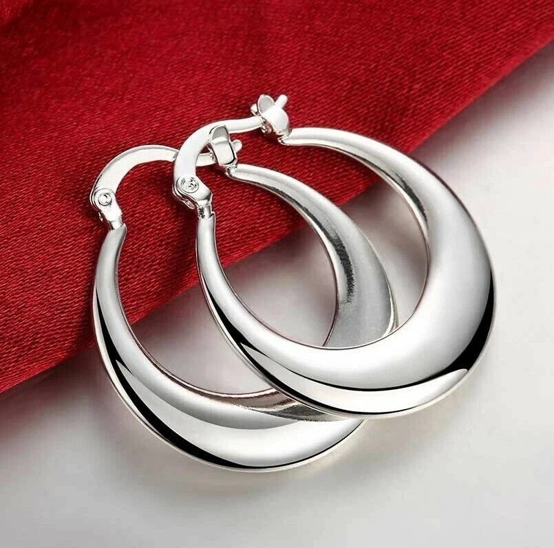 Womens 925 Sterling Solid Silver Elegant Round Pierced Hoop Earrings