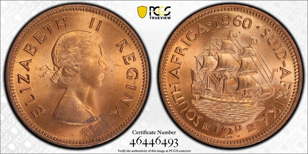 1960 South Africa 1/2D PCGS MS65RD