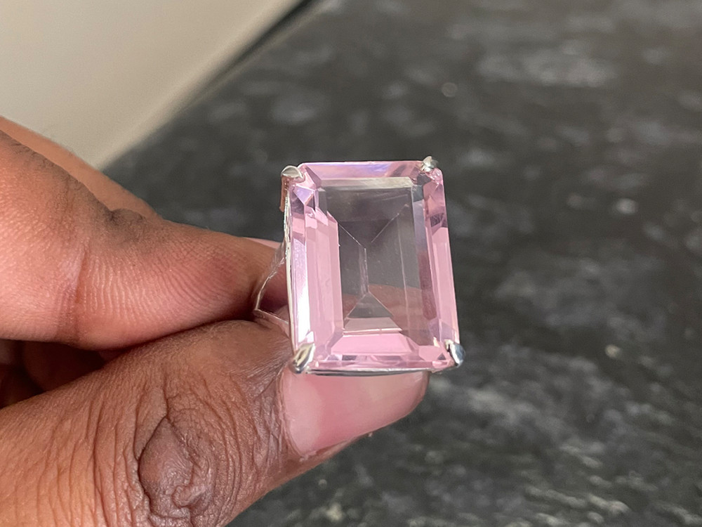 Pink Quartz Ring, Handmade Silver Ring, Prong Setting Ring, Emerald Cut Ring