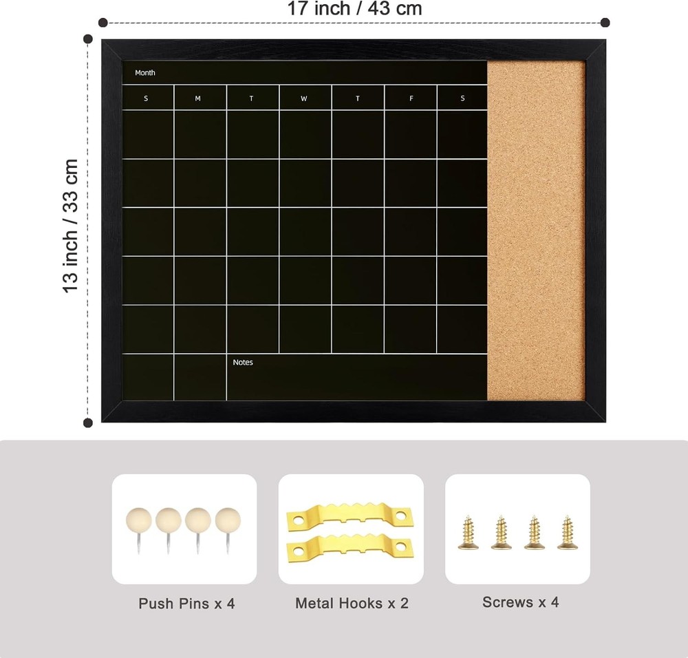Chalkboard & Cork Board, Magnetic Surface Monthly Calendar & Black
