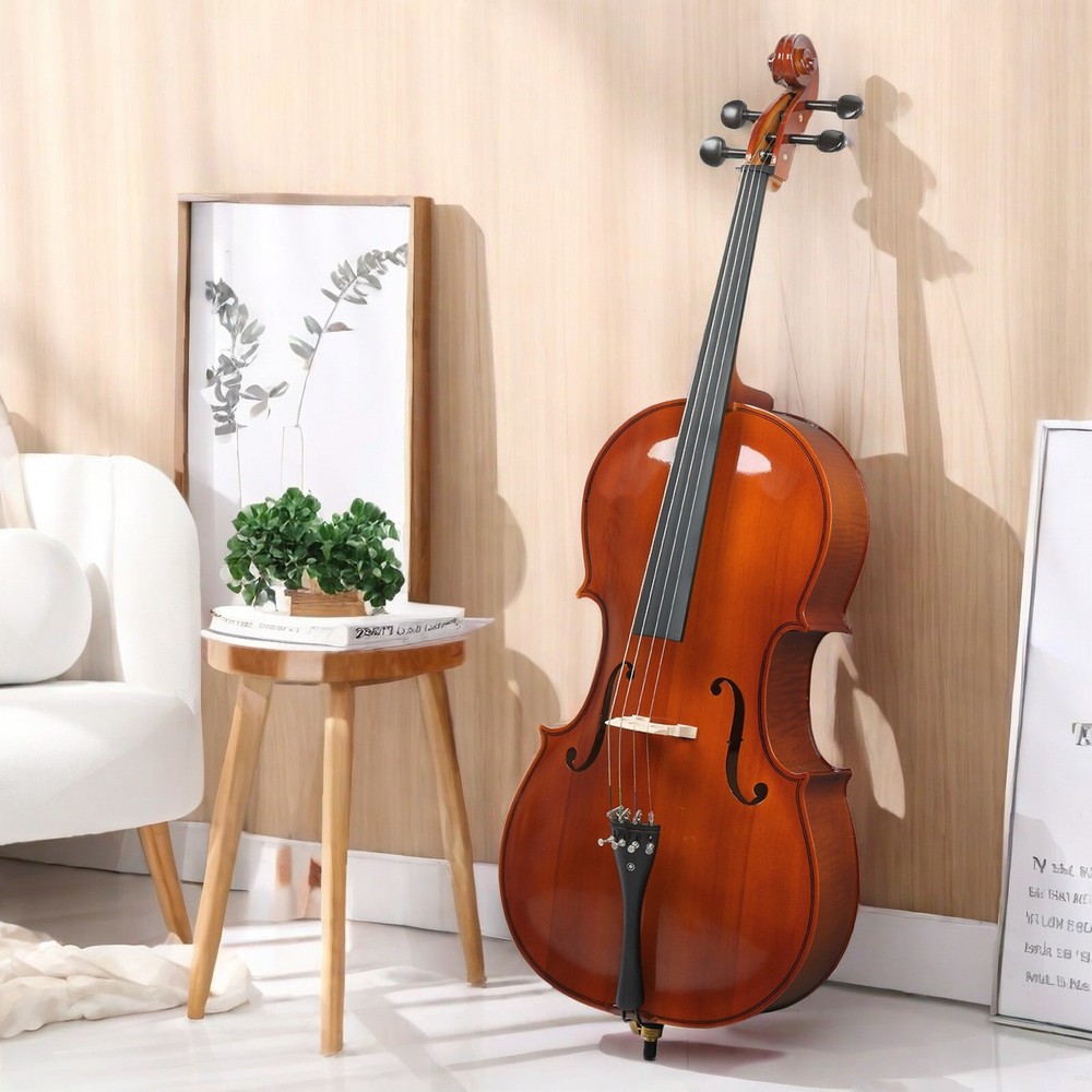 Natural Full Size 4/4 Acoustic Cello Set w/ Spruce Panel & Tiger Pattern Process