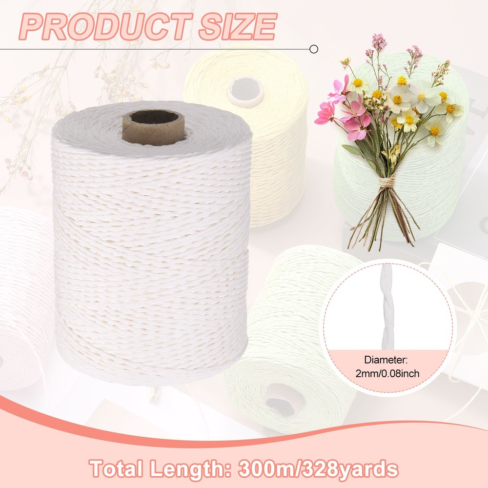 328 Yards Raffia Ribbon, 2mm Raffia Paper String for Wrapping, White