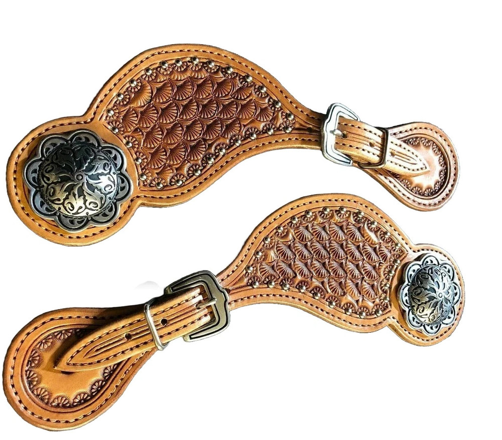 WESTERN LEATHER HORSE SADDLE BOOT SPUR STRAPS HAND TOOLED.
