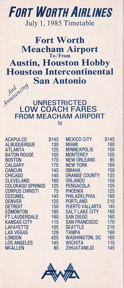 Fort Worth Airlines timetable 1985/07/01