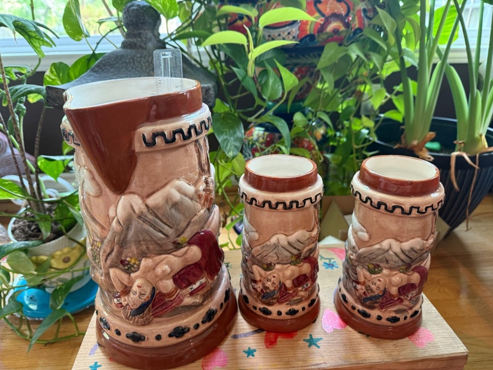 Vintage Mayan Sacrificial Nude Ceramic Pitcher & Mug Set
