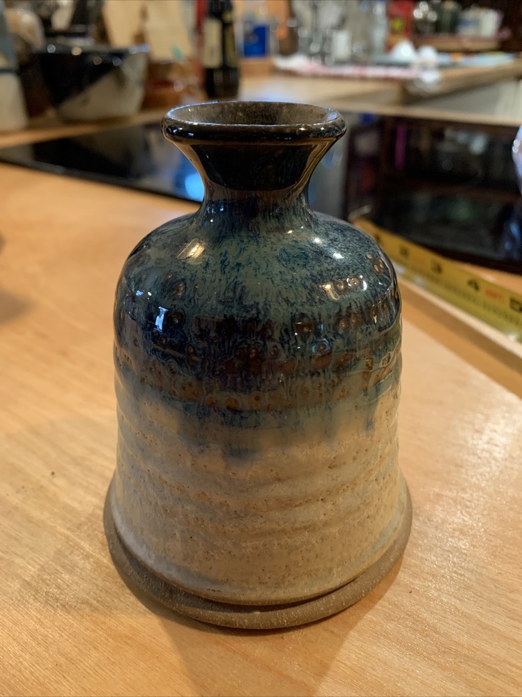 Vintage Studio Pottery Vase. Blue dripping into Greige 4.25" tall,charming shape