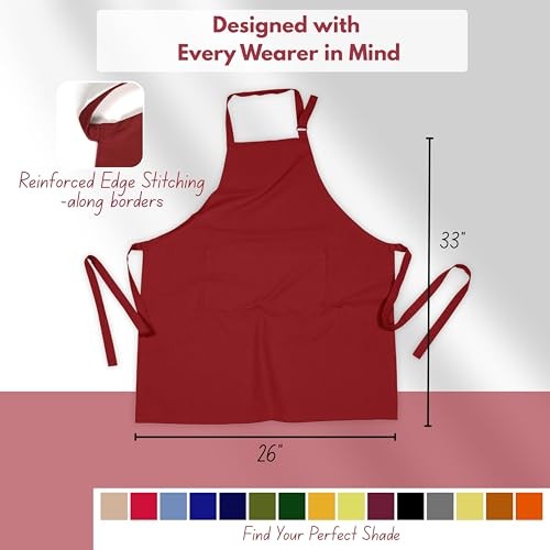 Kitchen Apron 2 Pack - 100% Cotton Adjustable, Durable Apron with Pockets, Red