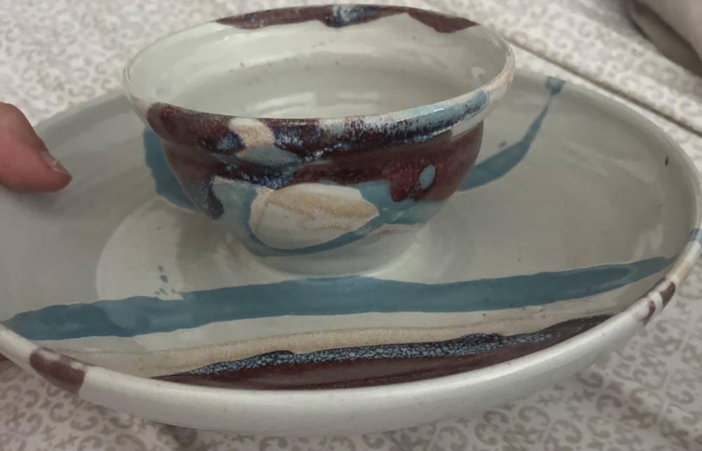 Studio Signed Art Dip And Chips Platter Stoneware Abstract Colors