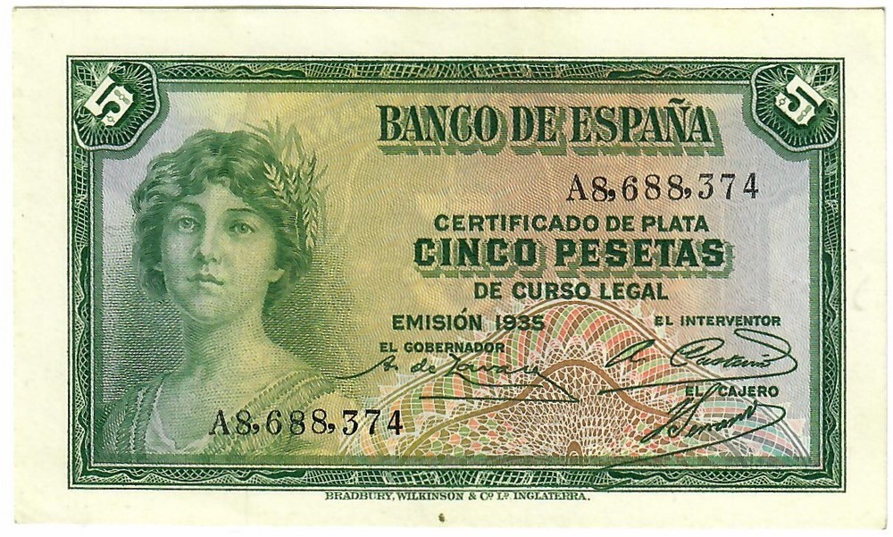 Spain 5 pesetas 1935, UNC, "Silver Certificates"