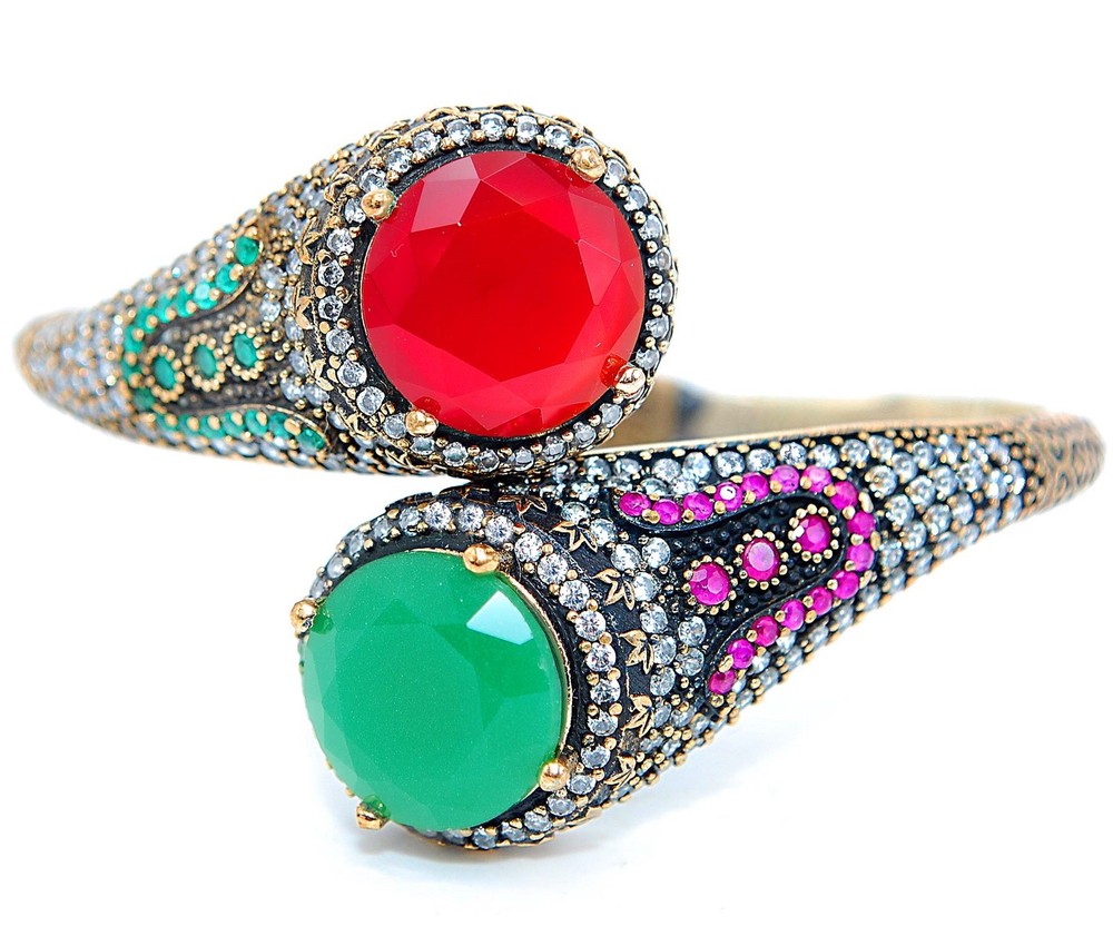 Ottoman Empire Style 24CT Treated Ruby 925 Sterling Silver Bracelet