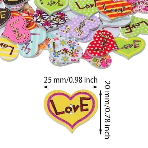 Mixed Heart Shape ButtonsPcs Assorted Pattern & Color Flat Back 2 Holes 50