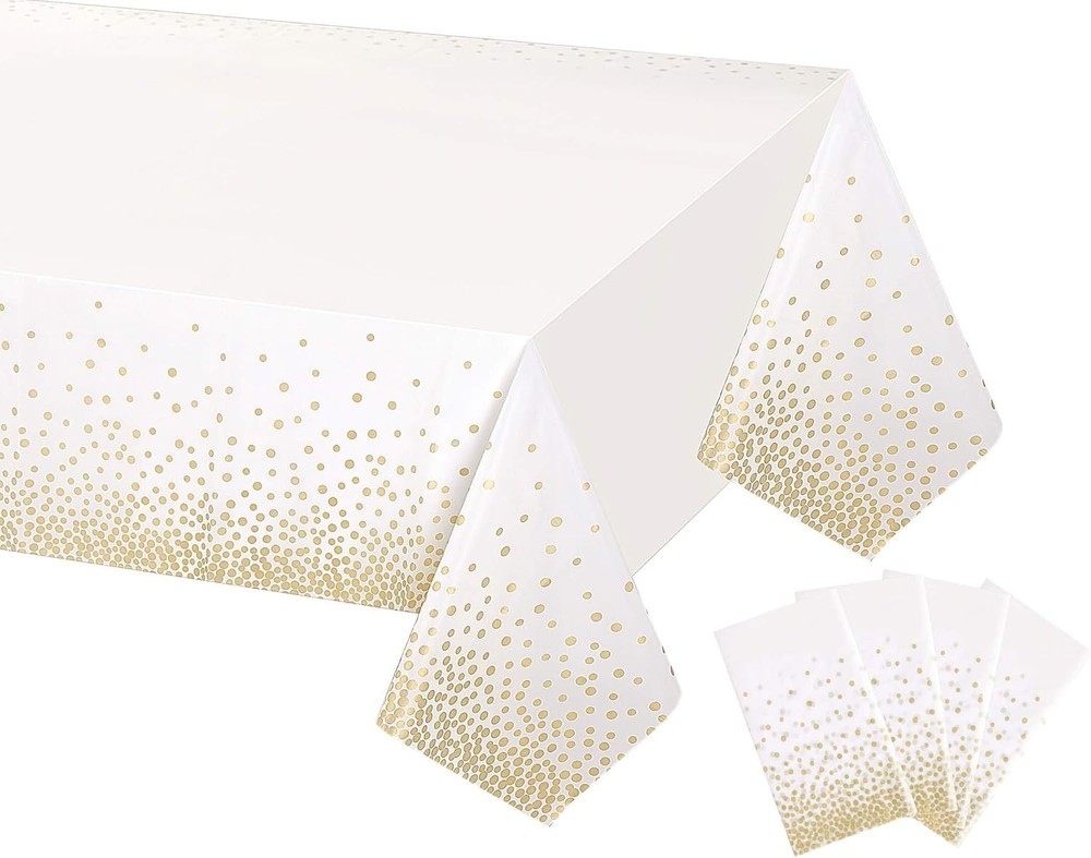 4 Pack White & Gold Dot Plastic Tablecloth Rectangle Tables(54" x 108"