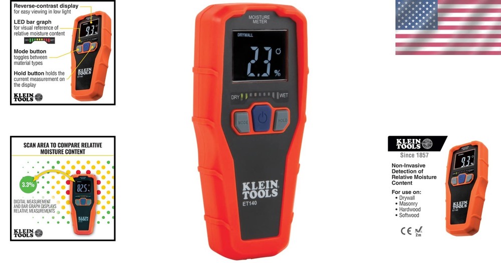 Klein Tools ET140 - Versatile Pinless Moisture Meter with LED Display and Alerts