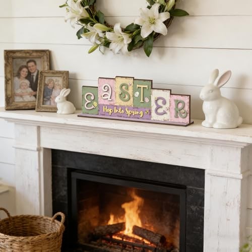 Spring Table Decor Farmhouse Easter Table Centerpiece, Reversible Wooden Pastel