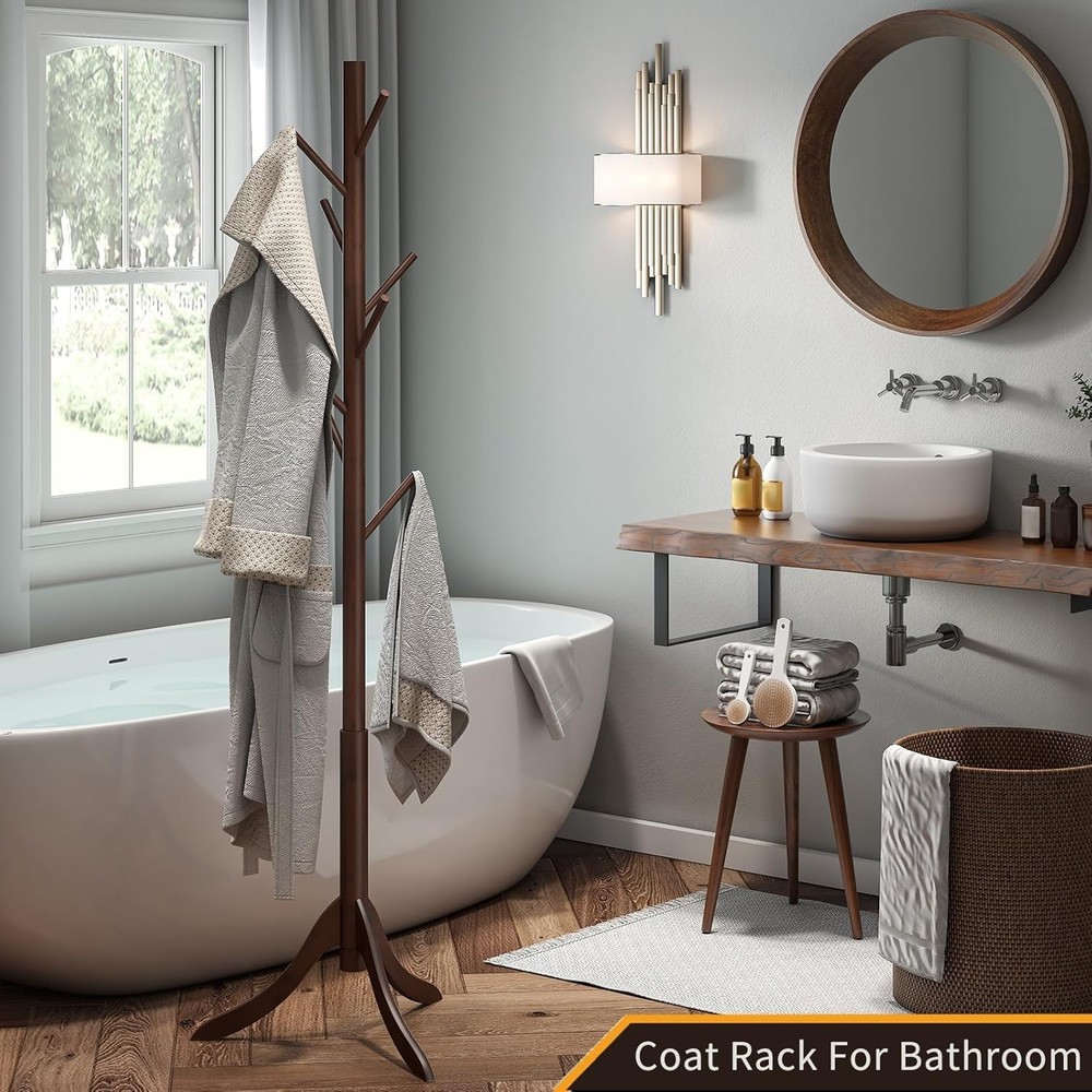 Elegant Bamboo Coat Rack with 8 Hooks - Adjustable Height & Space-Saving Design