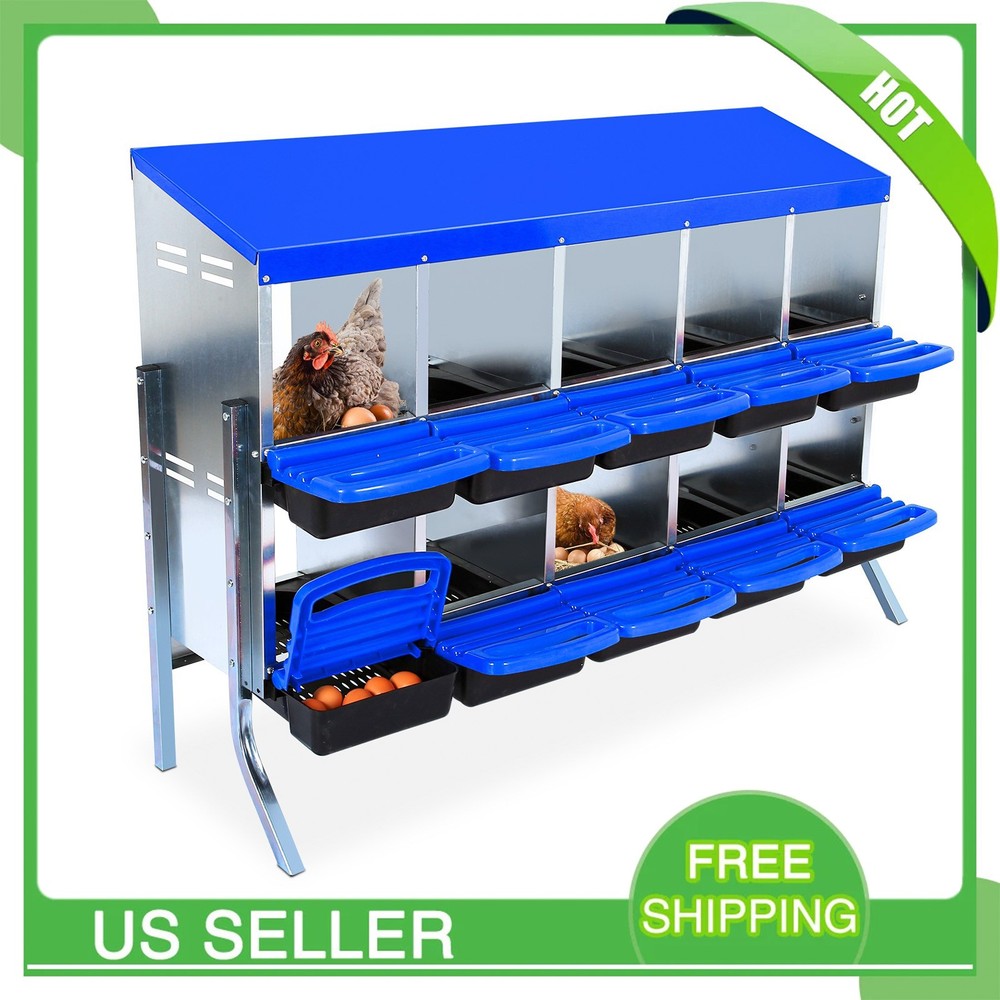 Metal Chicken Nesting Box 10-Compartment Roll Away Nest Box, Protective Lid