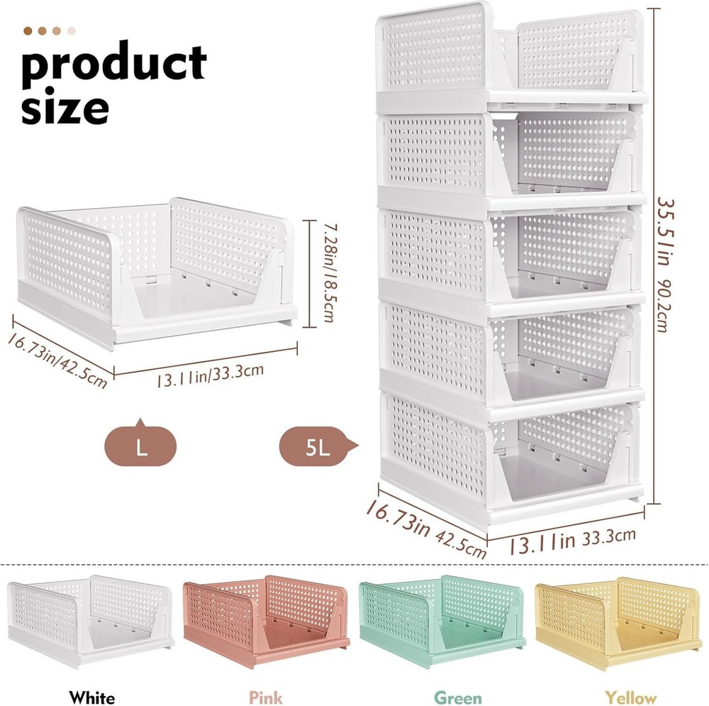 SNSLXH 5 Pack Foldable Closet Storage Baskets Stackable White for Bathroom
