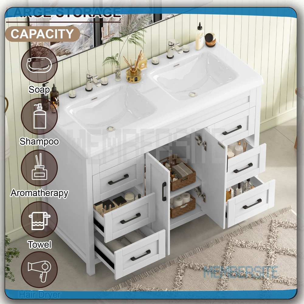 47.3" Bathroom Vanity Double Ceramic Sinks Storage Cabinet Bathroom Freestanding