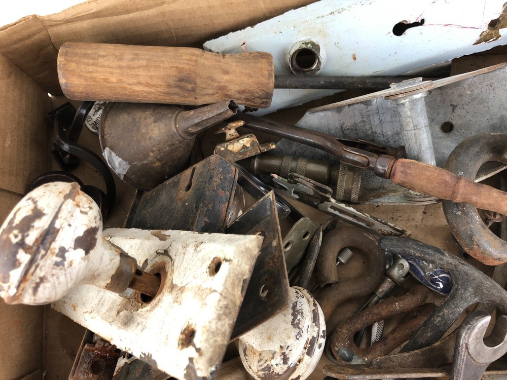 12 Pounds Mixed Miscellaneous Old Hardware Metal Stuff Locks Hooks Wheels Pulls
