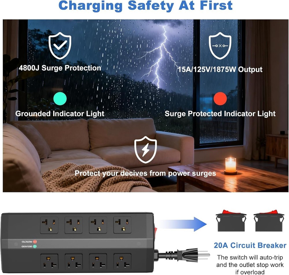 Wall Mount Surge Protector with 8 Outlets, 4 USB - Reliable & Ergonomic Design