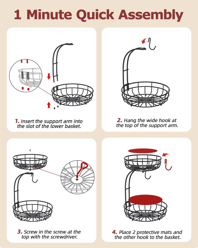 2 Tier Large Fruit Basket for Kitchen Counter with Removable Banana Hanger - ...
